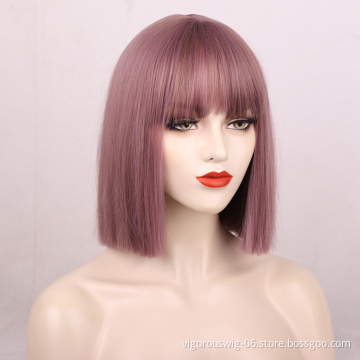 Vigorous Short Straight Bob Bang Wigs for Women Synthetic Pink/Black 12 Inch Cosplay Middle Division Hair Natural Looking